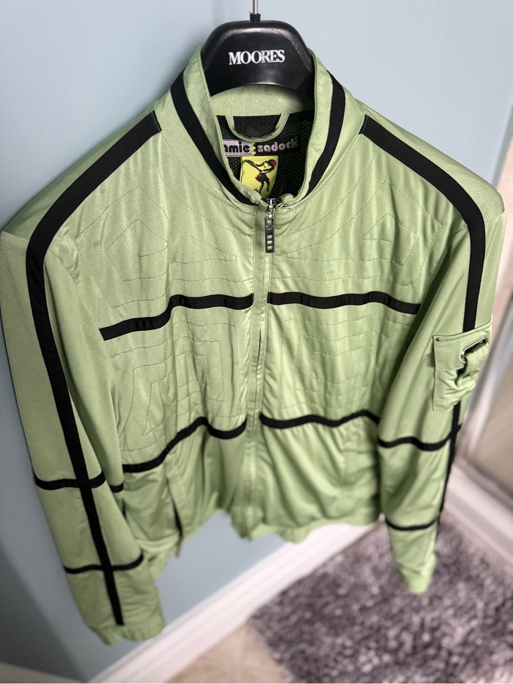 Jamie Sadock Mint Green Athletic Zip Bomber with Black Stripes